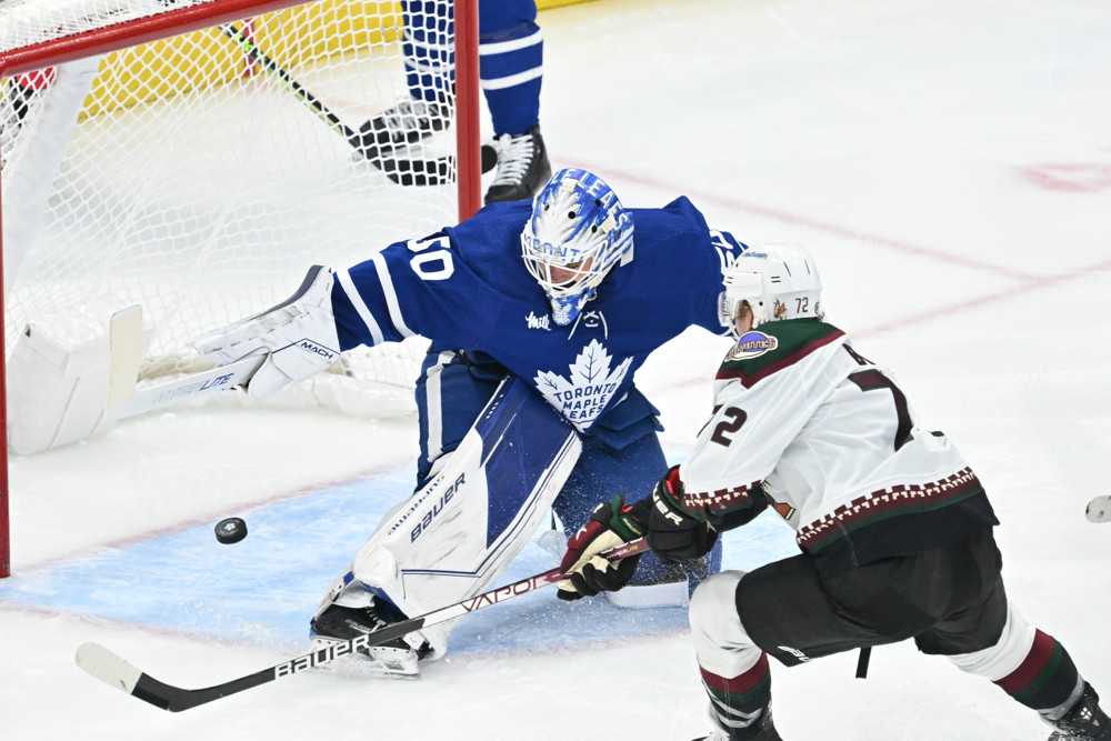 NHL Draft Tracker 2025 - Live 28 Toronto Maple Leafs goaltender Erik Kallgren makes split save. Kallgren wears a blue and white jersey.