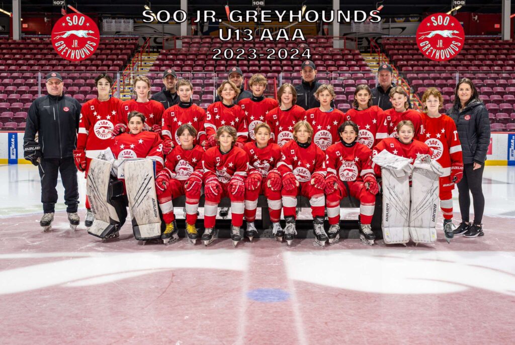 2023/24 team photo of the U13 AA Soo Jr. Greyhounds