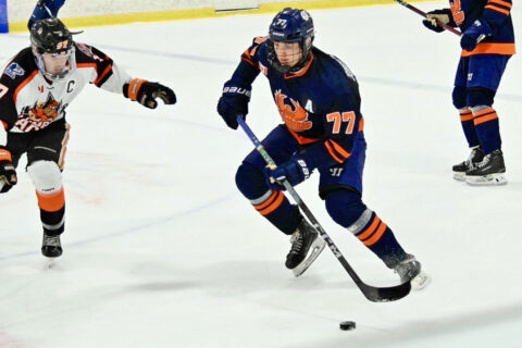 Thunderbirds complete weekend sweep of Eagles 40 Deven Jones-McDonald skates with the puck