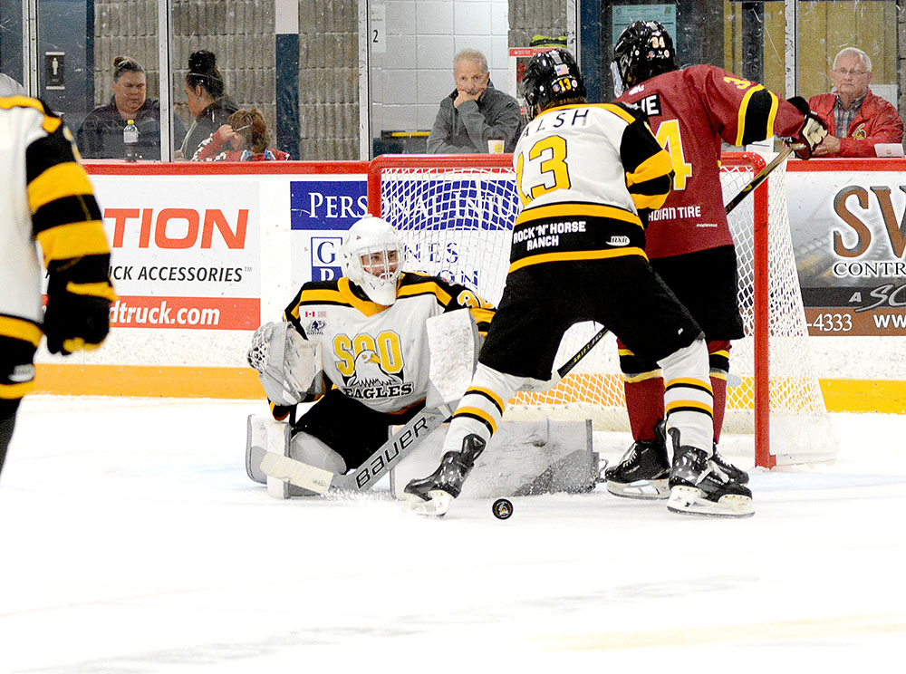 NOJHL Sunday showdowns: Comebacks and high scores define weekend action 31 Timmins Rock battle Soo Eagles for a loose puck on Sunday, Sept. 21